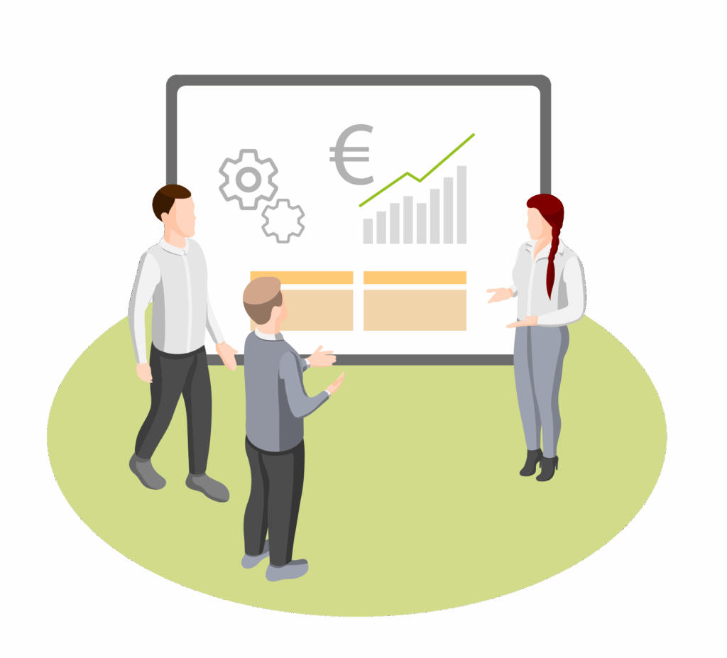 Symbolgrafik: Drei Personen vor Firmen-Charts – Darstellung eines Mandanten in der Gridware-Welt