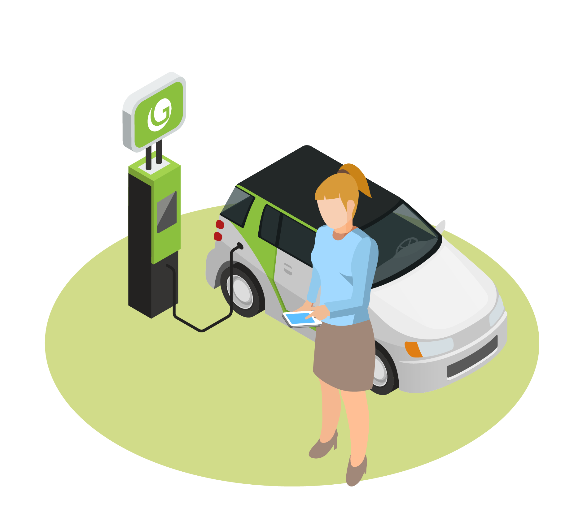 Icon: Frau lädt ihr Elektroauto an einer Ladesäule und überwacht den Ladevorgang per Smartphone – Symbol für die Gridware-Nutzung