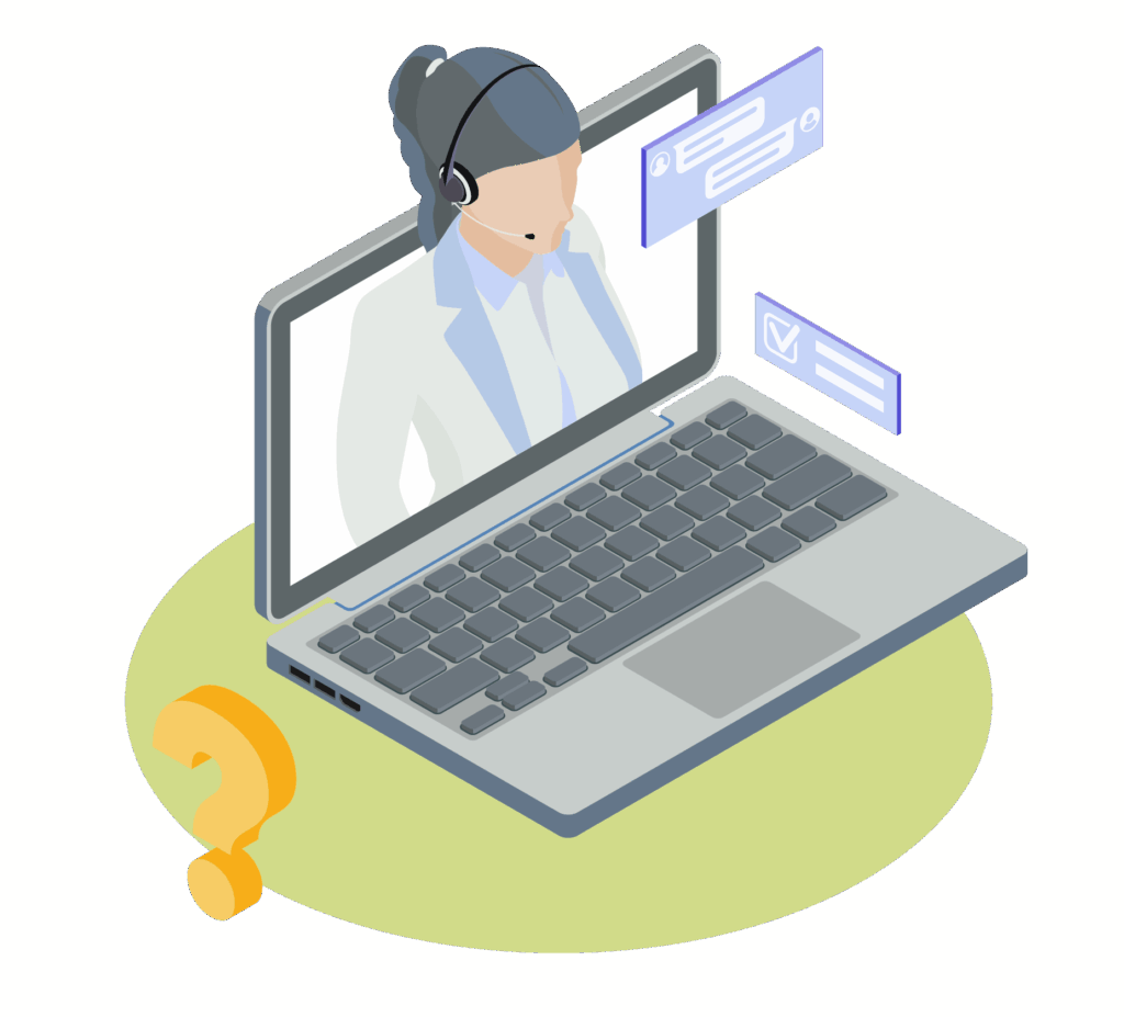 Symbolgrafik: Frau mit Headset am Laptop – Darstellung des Gridware-Supports für technische Hilfe und Kundenservice