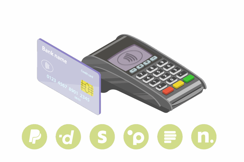 Zahlungsterminal mit anonymisierter Bankkarte und Logos von PayPal, Stripe, Datatrans, Nuvei und Paystack für Direktzahlung an E-Ladestationen